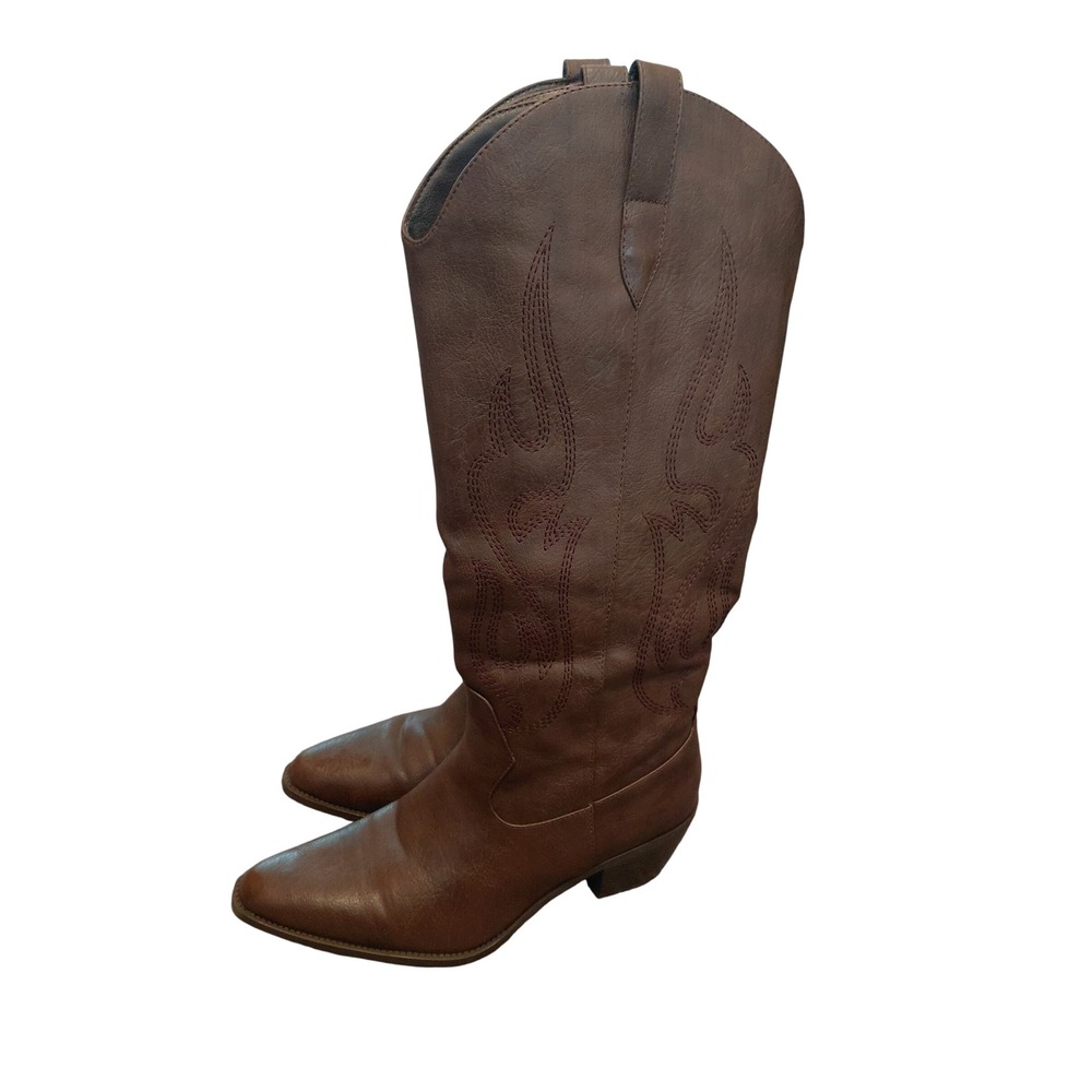 Brown Western Knee High Cowboy Boots Pointed Toe Flame Stitching Size 9